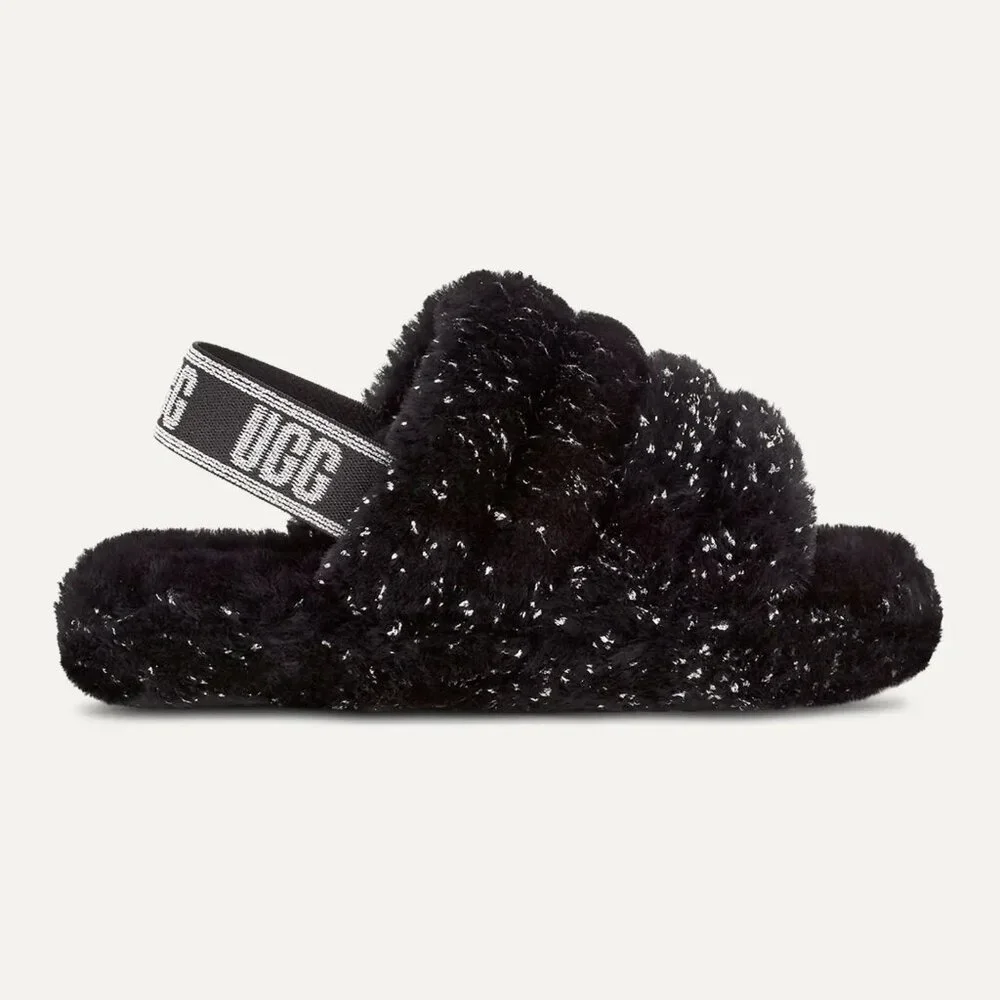 NEW UGG Kid Youth Fluff Yeah Metallic Sparkle Black Slingback Slide Slipper - Picture 2 of 6
